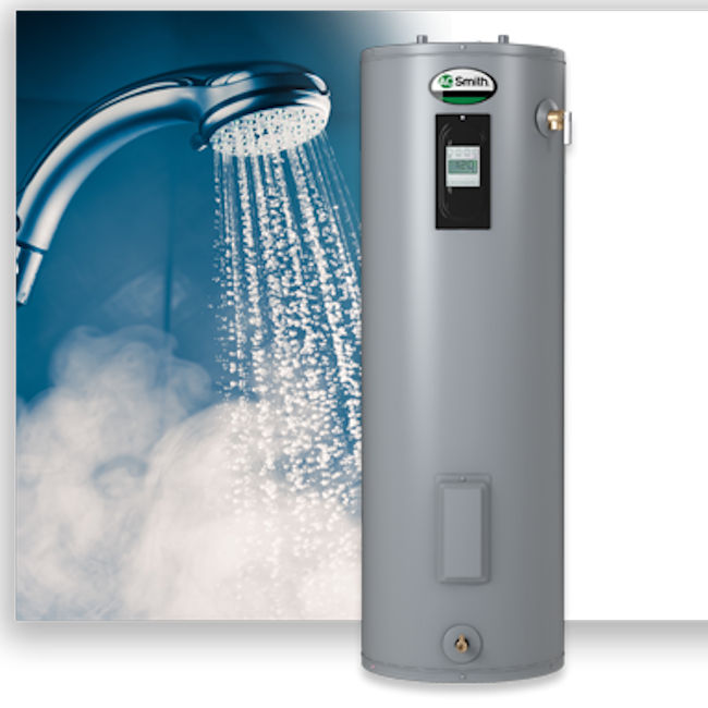 A.O. Smith Water Heater with an active shower head streaming water into a cloud of steam in the background