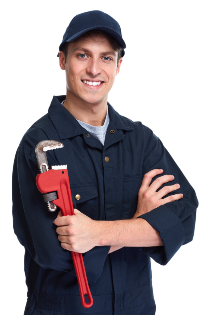 Smiling plumber wearing dark blue coveralls and holding a large, red wrench